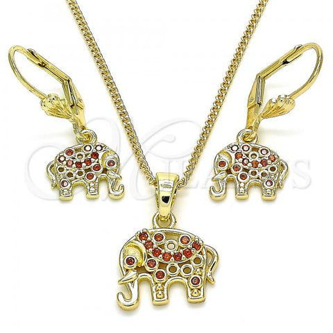 Oro Laminado Earring and Pendant Adult Set, Gold Filled Style Elephant Design, with Garnet Cubic Zirconia, Polished, Golden Finish, 10.316.0020.3