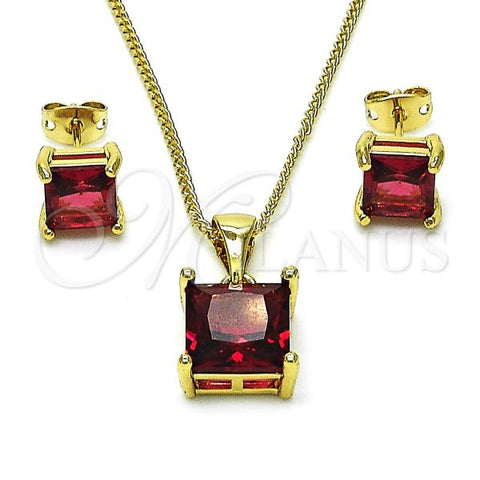 Oro Laminado Earring and Pendant Adult Set, Gold Filled Style with Ruby Cubic Zirconia, Polished, Golden Finish, 10.342.0169