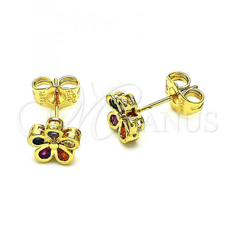 Oro Laminado Stud Earring, Gold Filled Style Flower Design, with Multicolor Cubic Zirconia, Polished, Golden Finish, 02.156.0658