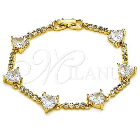 Oro Laminado Fancy Bracelet, Gold Filled Style Heart Design, with White Cubic Zirconia, Polished, Golden Finish, 03.283.0312.07