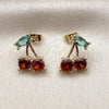 Oro Laminado Stud Earring, Gold Filled Style Cherry Design, with Garnet and Light Turquoise Cubic Zirconia, Polished, Golden Finish, 02.170.0522