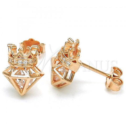 Sterling Silver Stud Earring, Crown Design, with White Cubic Zirconia, Polished, Rose Gold Finish, 02.336.0117.1