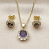 Oro Laminado Earring and Pendant Adult Set, Gold Filled Style Flower Design, with Dark Amethyst and White Cubic Zirconia, Polished, Golden Finish, 10.199.0086.8