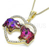 Oro Laminado Pendant Necklace, Gold Filled Style Elephant and Heart Design, with Amethyst and White Crystal, Polished, Golden Finish, 04.380.0023.1.20