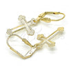 Oro Laminado Dangle Earring, Gold Filled Style Cross Design, Diamond Cutting Finish, Golden Finish, 5.111.015