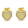 Oro Laminado Stud Earring, Gold Filled Style Heart Design, with Ruby Micro Pave, Polished, Golden Finish, 02.156.0468.1