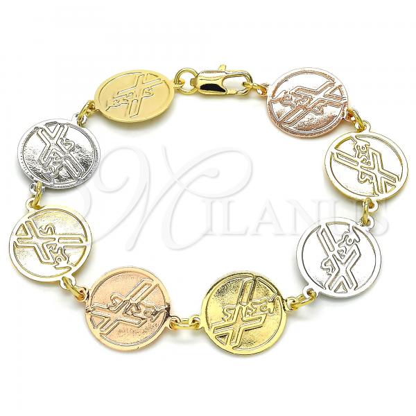 Oro Laminado Fancy Bracelet, Gold Filled Style Cross Design, Polished, Tricolor, 03.63.2048.07