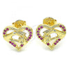 Oro Laminado Stud Earring, Gold Filled Style Heart and Hand Design, with Ruby Micro Pave, Polished, Golden Finish, 02.156.0390.1