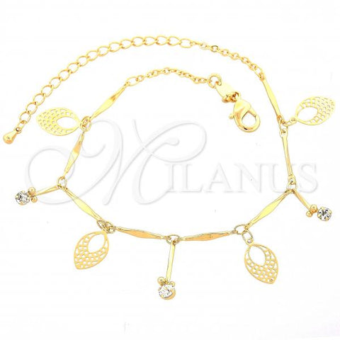 Oro Laminado Charm Bracelet, Gold Filled Style Leaf Design, with White Cubic Zirconia, Diamond Cutting Finish, Golden Finish, 03.63.1275.10