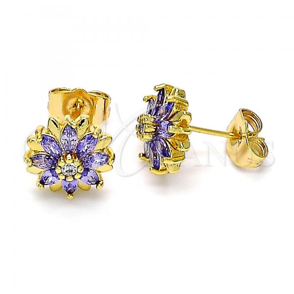 Oro Laminado Stud Earring, Gold Filled Style Flower Design, with Amethyst and White Cubic Zirconia, Polished, Golden Finish, 02.310.0023.1