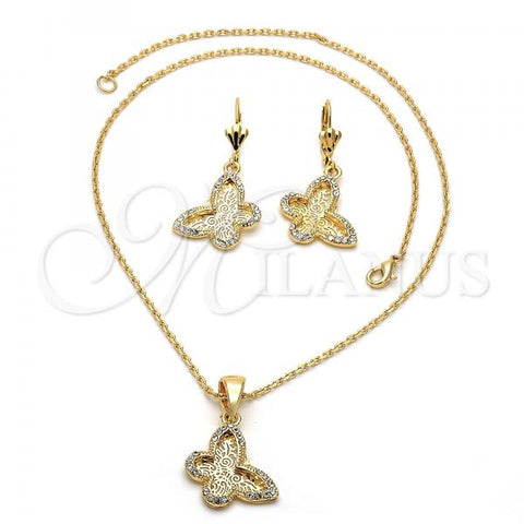 Oro Laminado Necklace and Earring, Gold Filled Style Butterfly and Filigree Design, with White Crystal, Polished, Golden Finish, 06.91.0019