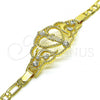 Oro Laminado Fancy Bracelet, Gold Filled Style San Judas and Figaro Design, with White Crystal, Polished, Golden Finish, 03.253.0079.07