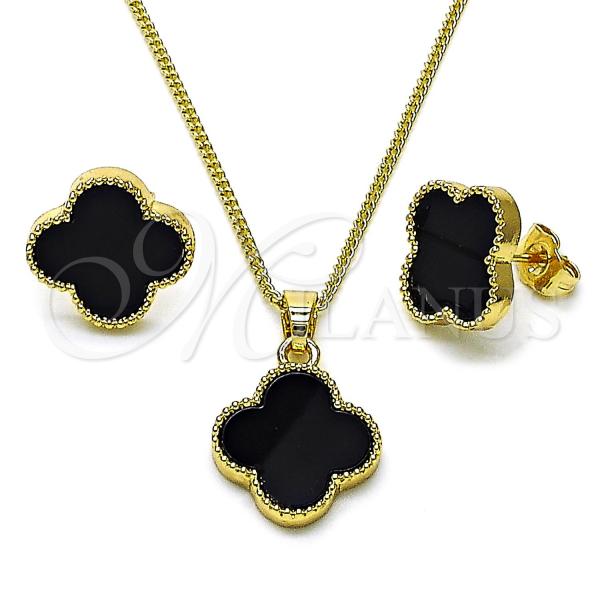 Oro Laminado Earring and Pendant Adult Set, Gold Filled Style Four-leaf Clover Design, with Black Mother of Pearl, Polished, Golden Finish, 10.283.0021