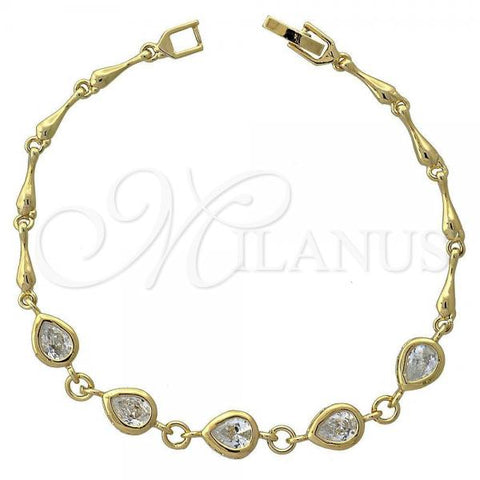 Oro Laminado Fancy Bracelet, Gold Filled Style Teardrop Design, with White Cubic Zirconia, Polished, Golden Finish, 5.027.006