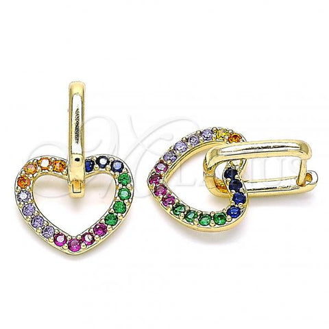 Oro Laminado Huggie Hoop, Gold Filled Style Heart Design, with Multicolor Cubic Zirconia, Polished, Golden Finish, 02.210.0485.4.12