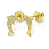 Sterling Silver Stud Earring, Dolphin Design, with White Micro Pave, Polished, Golden Finish, 02.174.0071