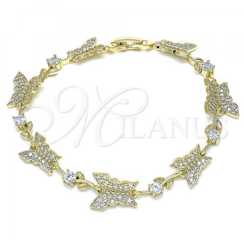 Oro Laminado Fancy Bracelet, Gold Filled Style Butterfly and Leaf Design, with White Micro Pave and White Cubic Zirconia, Polished, Golden Finish, 03.210.0142.08