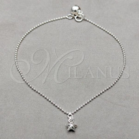 Sterling Silver Fancy Anklet, Star Design, Polished, Silver Finish, 03.409.0064.10