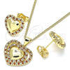 Oro Laminado Earring and Pendant Adult Set, Gold Filled Style Heart Design, with Garnet and White Micro Pave, Polished, Golden Finish, 10.156.0321.1