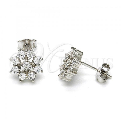 Sterling Silver Stud Earring, Flower Design, with White Cubic Zirconia, Polished, Rhodium Finish, 02.285.0029