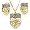 Oro Laminado Earring and Pendant Adult Set, Gold Filled Style Heart Design, with Multicolor Micro Pave, Diamond Cutting Finish, Golden Finish, 10.233.0040.1