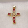 Oro Laminado Religious Pendant, Gold Filled Style Cross and Guadalupe Design, with Ruby and White Cubic Zirconia, Polished, Golden Finish, 05.342.0226.2