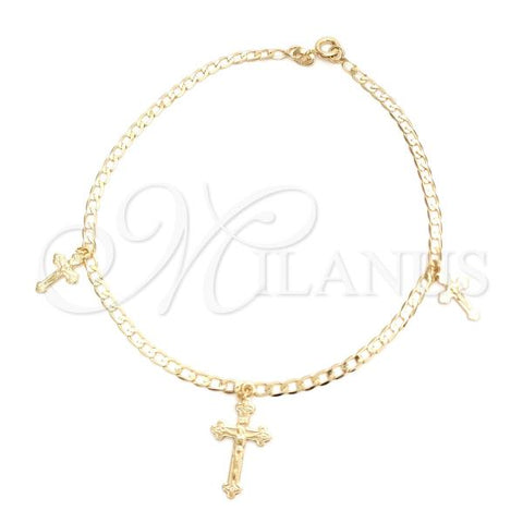 Oro Laminado Charm Anklet , Gold Filled Style Crucifix and Curb Design, Polished, Golden Finish, 03.58.0027.10