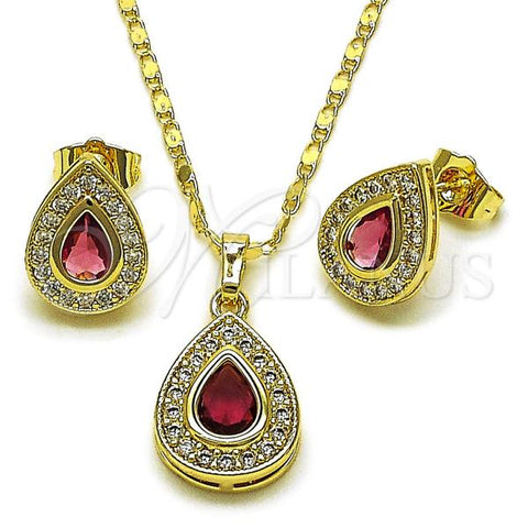 Oro Laminado Earring and Pendant Adult Set, Gold Filled Style Cluster and Teardrop Design, with Ruby and White Cubic Zirconia, Polished, Golden Finish, 10.196.0197.1