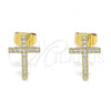 Oro Laminado Stud Earring, Gold Filled Style Cross Design, with White Micro Pave, Polished, Golden Finish, 02.344.0112