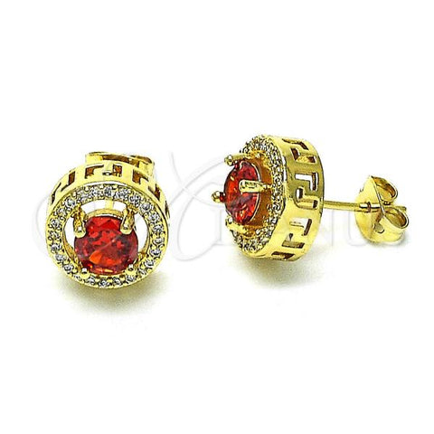 Oro Laminado Stud Earring, Gold Filled Style Cluster and Greek Key Design, with Garnet Cubic Zirconia and White Micro Pave, Polished, Golden Finish, 02.342.0339