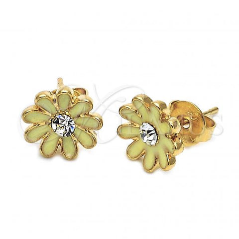 Oro Laminado Stud Earring, Gold Filled Style Flower Design, with White Crystal, Green Enamel Finish, Golden Finish, 02.64.0266 *PROMO*