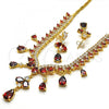 Oro Laminado Necklace and Earring, Gold Filled Style Teardrop Design, with Garnet and White Cubic Zirconia, Polished, Golden Finish, 06.221.0005.1