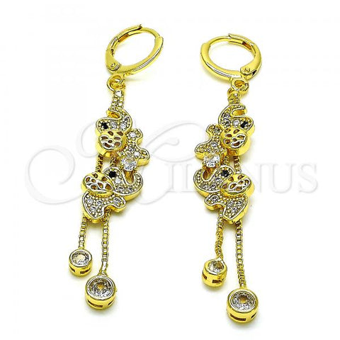 Oro Laminado Long Earring, Gold Filled Style Elephant and Box Design, with White and Black Micro Pave, Polished, Golden Finish, 02.316.0079.1