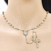 Oro Laminado Thin Rosary, Gold Filled Style Guadalupe and Crucifix Design, with White Micro Pave, Diamond Cutting Finish, Tricolor, 09.253.0084.26