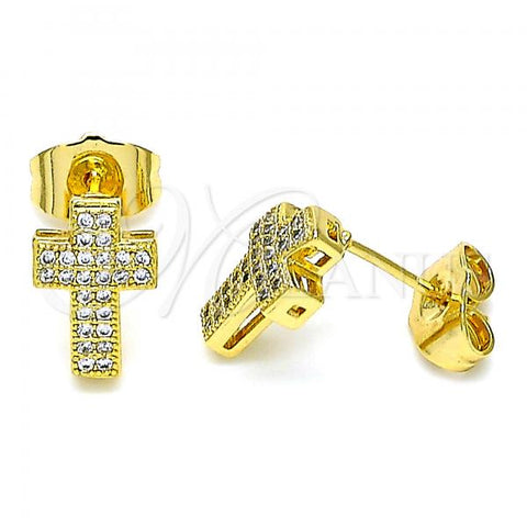 Oro Laminado Stud Earring, Gold Filled Style Cross Design, with White Micro Pave, Polished, Golden Finish, 02.344.0103