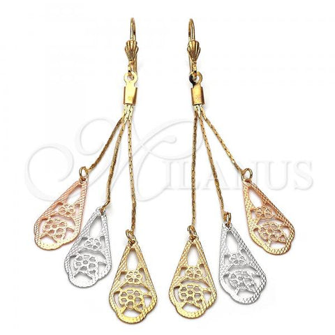 Oro Laminado Long Earring, Gold Filled Style Flower and Teardrop Design, Diamond Cutting Finish, Tricolor, 5.082.002