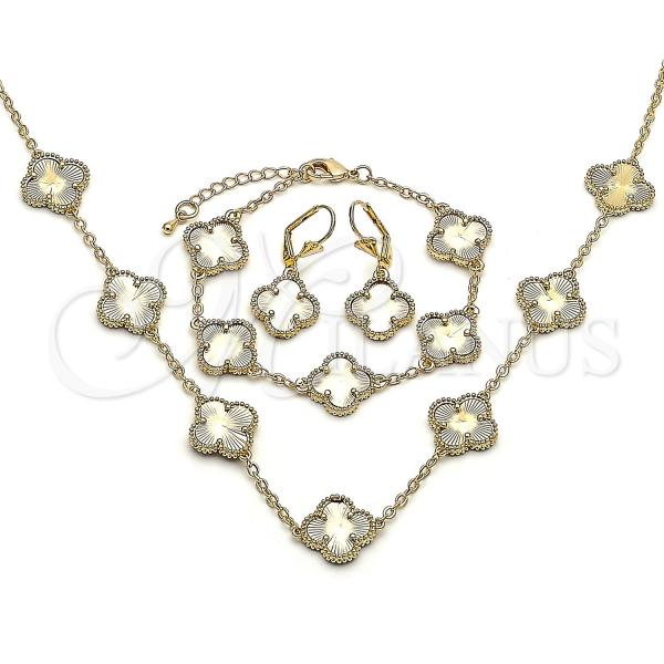 Oro Laminado Necklace, Bracelet, Earring and Ring, Gold Filled Style Four-leaf Clover Design, Diamond Cutting Finish, Golden Finish, 06.372.0083