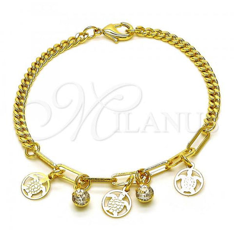 Oro Laminado Charm Bracelet, Gold Filled Style Turtle and Paperclip Design, with White Crystal, Polished, Golden Finish, 03.63.2244.08