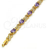 Oro Laminado Tennis Bracelet, Gold Filled Style Hugs and Kisses Design, with Amethyst and White Cubic Zirconia, Polished, Golden Finish, 03.206.0001.6.07