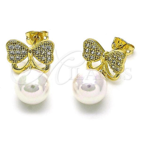 Oro Laminado Stud Earring, Gold Filled Style Bow Design, with Ivory Mother of Pearl and White Micro Pave, Polished, Golden Finish, 02.213.0653