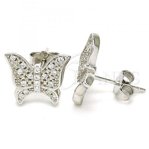 Sterling Silver Stud Earring, Butterfly Design, with White Cubic Zirconia, Polished, Rhodium Finish, 02.336.0102