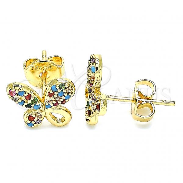 Oro Laminado Stud Earring, Gold Filled Style Butterfly Design, with Multicolor Micro Pave, Polished, Golden Finish, 02.233.0022