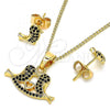 Oro Laminado Earring and Pendant Adult Set, Gold Filled Style Bird and Heart Design, with Black Micro Pave, Polished, Golden Finish, 10.210.0120