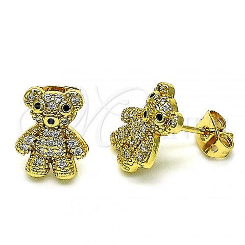 Oro Laminado Stud Earring, Gold Filled Style Teddy Bear Design, with White and Black Micro Pave, Polished, Golden Finish, 02.342.0198