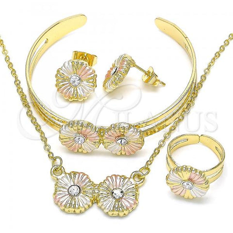 Oro Laminado Necklace, Bracelet, Earring and Ring, Gold Filled Style Flower Design, with White Crystal, Polished, Tricolor, 06.361.0034