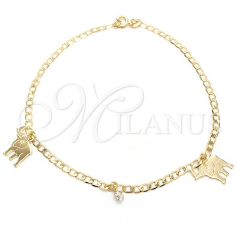 Oro Laminado Charm Anklet , Gold Filled Style Elephant and Curb Design, with White Cubic Zirconia, Polished, Golden Finish, 03.58.0016.10