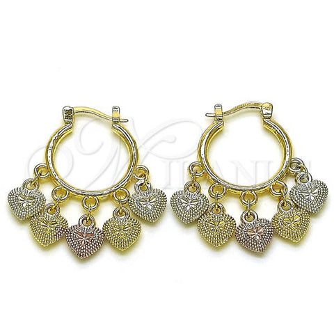 Oro Laminado Small Hoop, Gold Filled Style Heart Design, Diamond Cutting Finish, Tricolor, 02.170.0497.20