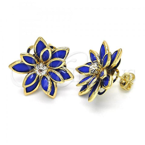 Oro Laminado Stud Earring, Gold Filled Style Flower Design, with Sapphire Blue and White Crystal, Polished, Golden Finish, 02.64.0639.1