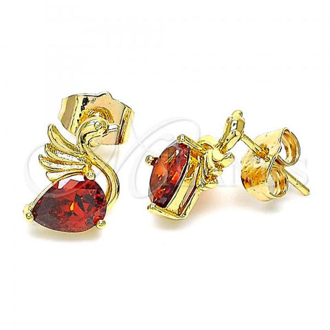 Oro Laminado Stud Earring, Gold Filled Style Swan Design, with Garnet Cubic Zirconia, Polished, Golden Finish, 02.387.0031