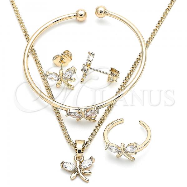 Oro Laminado Earring and Pendant Children Set, Gold Filled Style Dragon-Fly Design, with White Cubic Zirconia, Polished, Golden Finish, 06.210.0020.1